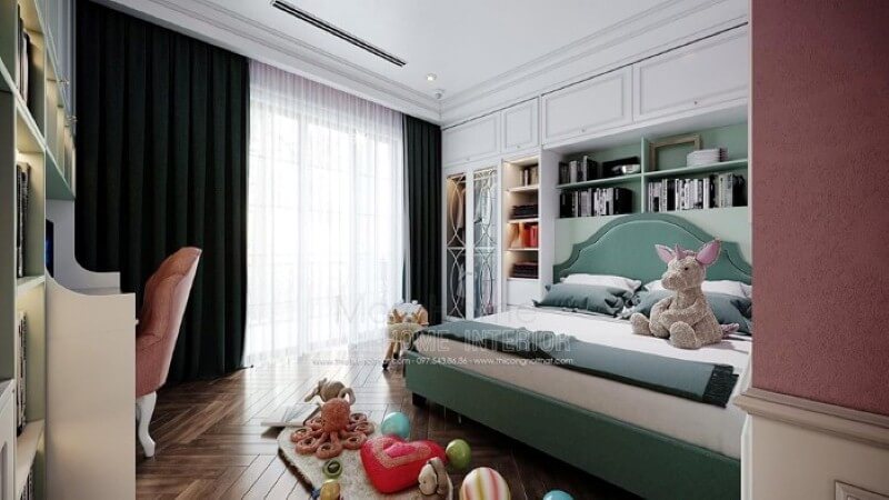 Thiết kế nội thất phòng ngủ bé gái ấn tượng với bố trí giường ngủ, kệ tủ trang trí khoa học giúp không gian thông thoáng tối đa nhưng vẫn đảm bảo công năng, tính thẩm mỹ. thiết kế phòng ngủ