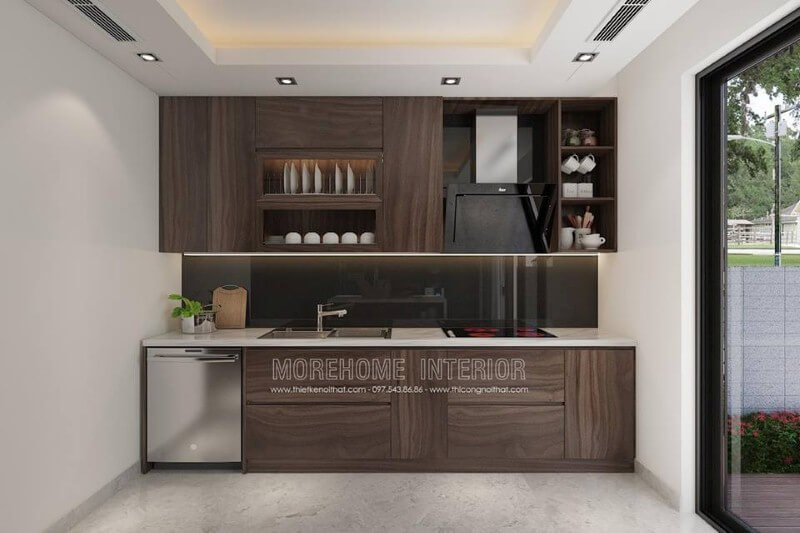 Tủ bếp chữ I có máy rửa bát được bố trí khá hợp lý trong không gian bếp hiện đại phù hợp mọi không gian. Tủ bếp đẹp