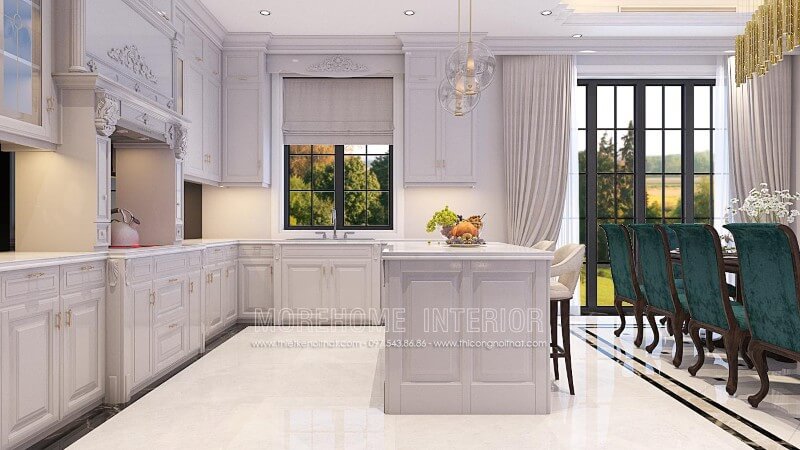 Thiết kế tủ bếp gỗ tự nhiên nhập khẩu cao cấp ấn tượng, các chi tiết chạm khắc tỉ mỉ, tinh tế mang lại không gian sang trọng Tủ bếp gỗ tự nhiên
