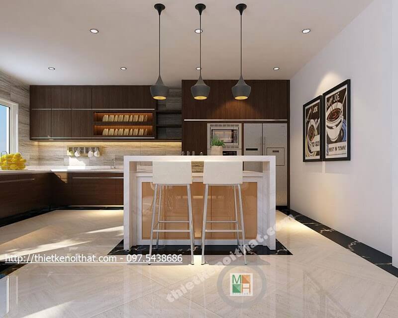 Mẫu tủ bếp gỗ công nghiệp màu nâu với thiết kế dài chữ L cho phòng bếp mang đến sự tiện nghi cho người nội trợ Tủ bếp đẹp, sang trọng và đẳng cấp