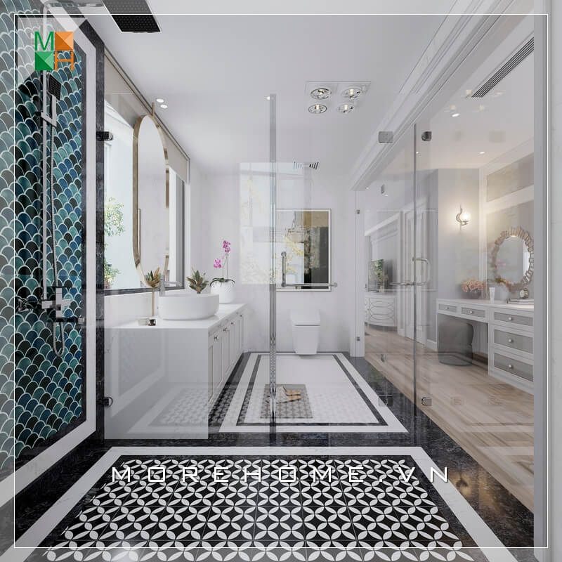 Thiết kế phòng tắm sử dụng vách ngăn bằng kính cao cấp, giúp phân chia khu vực giữa phòng ngủ và phòng tắm mà vẫn mang vẻ đẹp hiện đại sang trọng, phù hợp cho biệt thự có diện tích phòng ngủ rộng