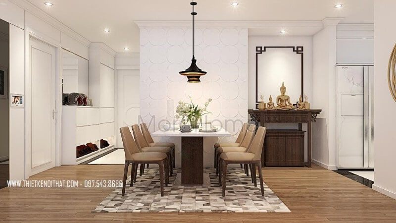 Nội thất phòng ăn chung cư được thiết kế đơn giản với tone màu nâu ấm áp mang đến sự gần gũi và thân thiện