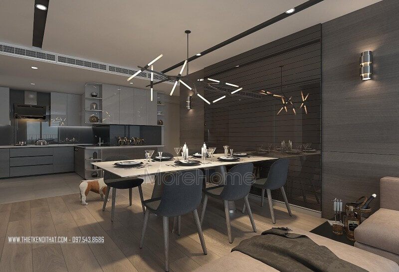 Khu vực phòng ăn được thiết kế liền kề với không gian phòng khách tạo sự linh hoạt cho ngôi nhà
