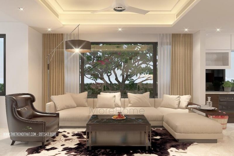 Mẫu sofa gỗ góc chữ L bọc vải màu kem sáng hiện đại cho nhà phố chung cư, biệt thự