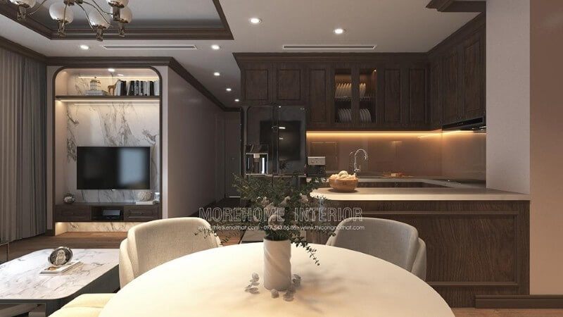 Nội thất phòng bếp trong căn hộ chung cư được thiết kế tiện nghi, phù hợp với nhu cầu của mọi gia đình.